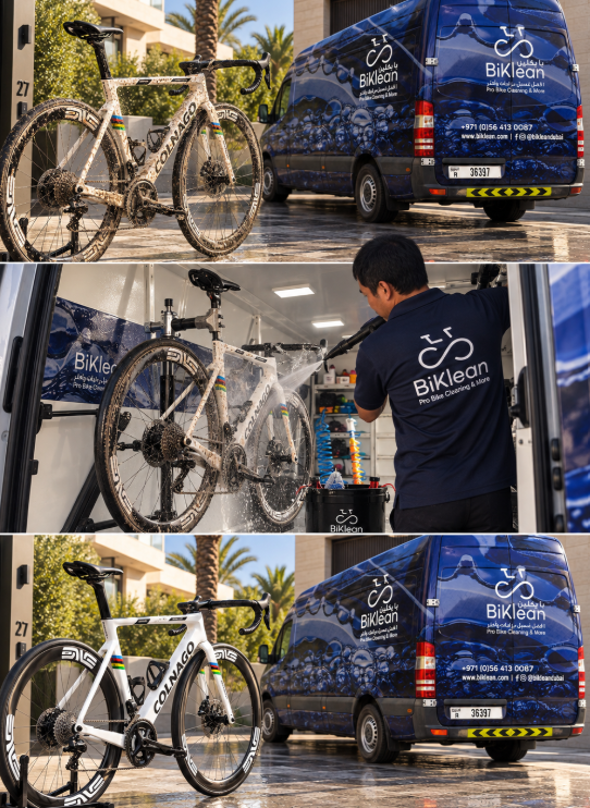 Three BiKlean scenes: a road bike before cleaning beside the mobile van, a mechanic washing it inside the workshop, and the clean bike beside the van